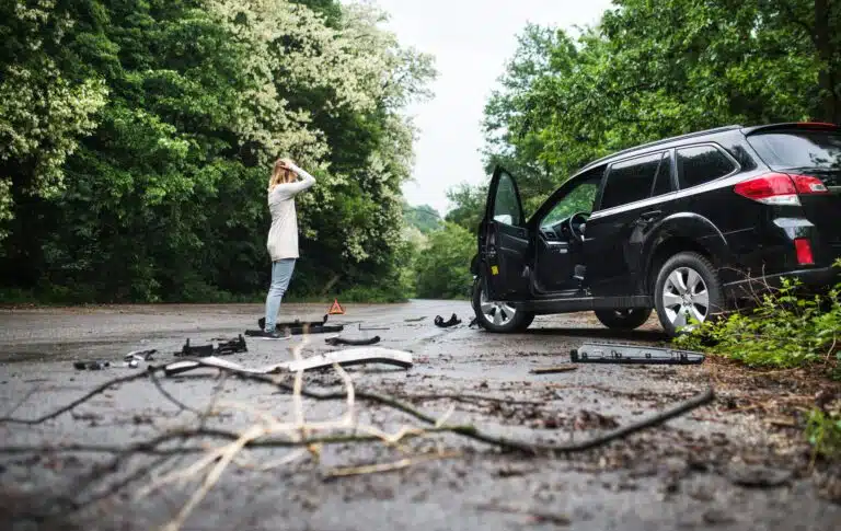 Wildunfall-Gefahr auf Jahreshoch young woman standing by the damaged car after a ca 2024 10 18 09 52 52 utc scaled Versicherungspapa